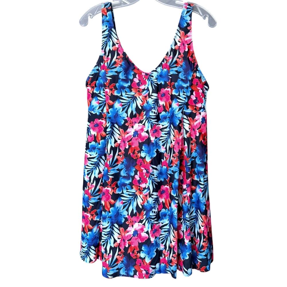 BloomChic One-Piece Floral Swim Dress Women's 14/16 Tummy Control Blue Pink NEW - Picture 1 of 7
